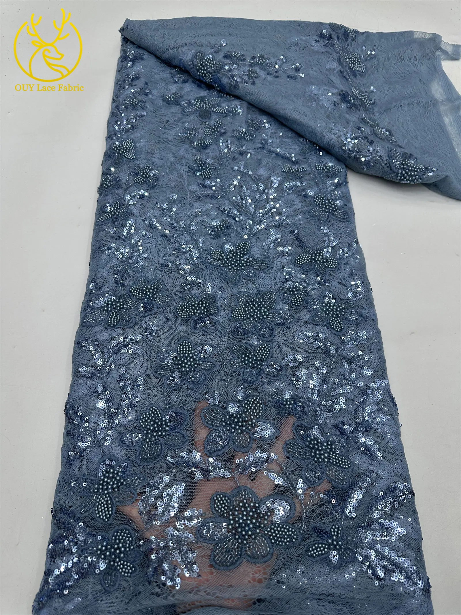 Afrikanischer Bräutigam Bestickter Pailletten-Spitzenstoff 2026 Luxuriöser Marineblauer Französischer Perlen-Spitzenstoff für Braut-Hochzeitskleider und Partykleider zum Nähen – Detail 23