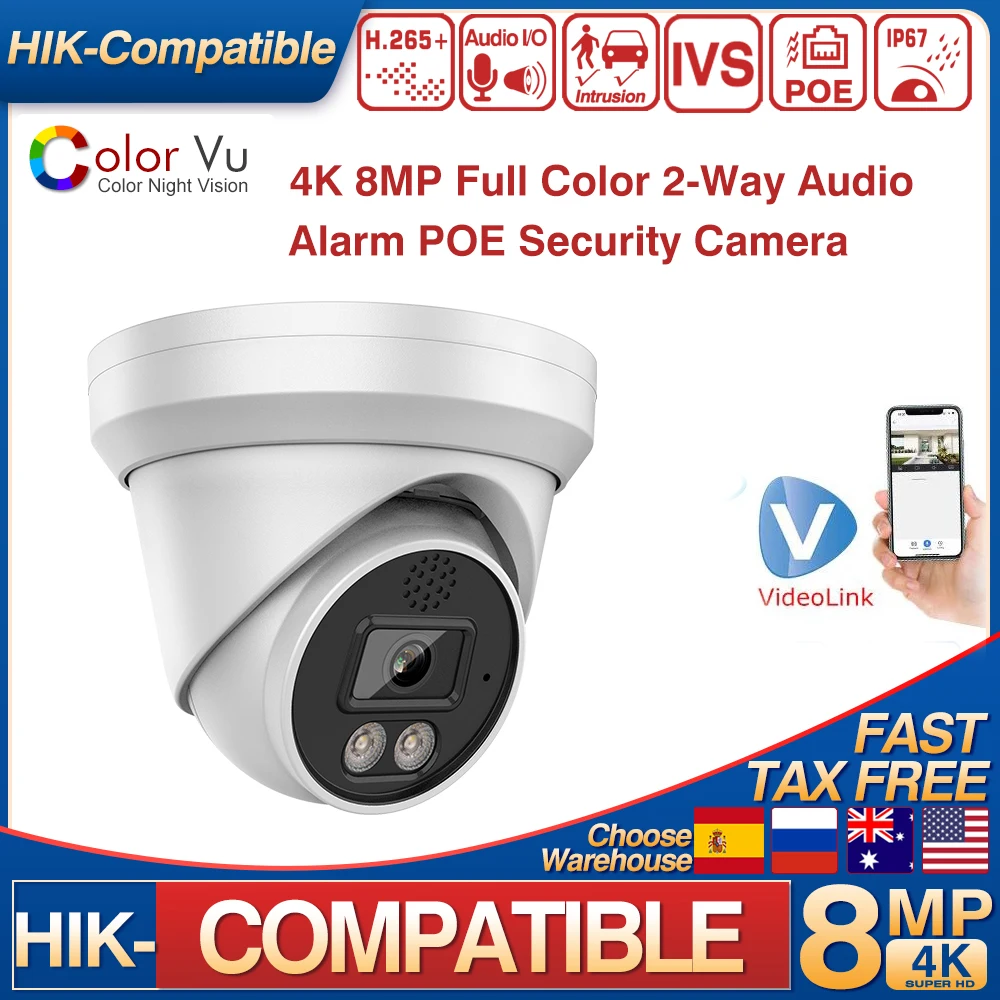 4K 8MP Full Color POE Security Camera for Hikvision Compatible MD2.0 2-Way Audio Alarm CCTV Home Surveillance IP Camera Onvif