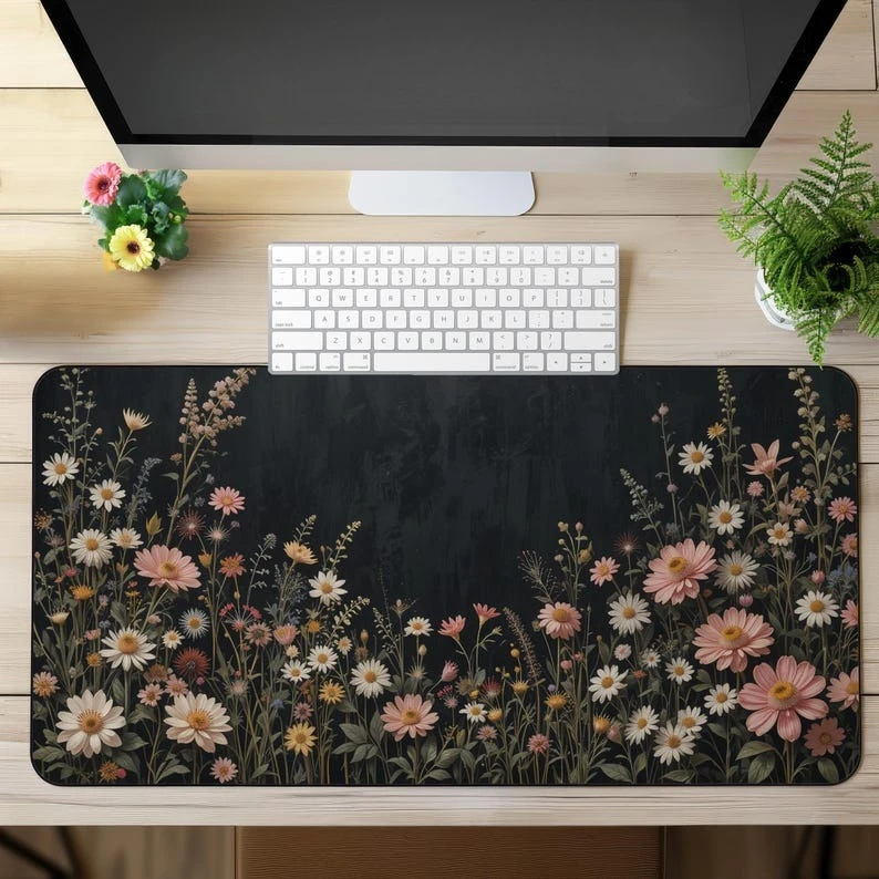 

Настольный коврик Cottagecore, эстетический темный цветочный большой коврик для мыши XXL, ботанический настольный коврик, винтажный природный сад, игровые аксессуары для рабочего стола