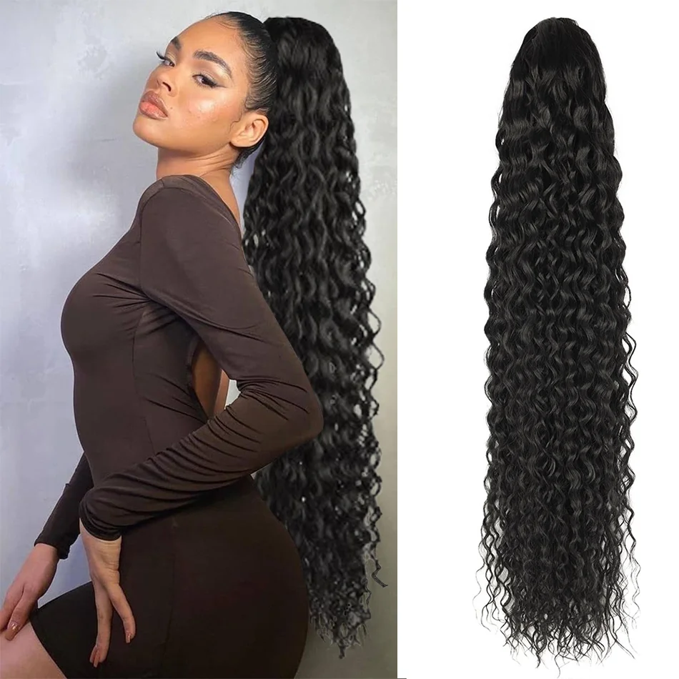 34inch Synthetic Super Long Curly Ponytail Water Wave Ponytail 150g Lightweight Fake Hair Extensions for Women Daily Use