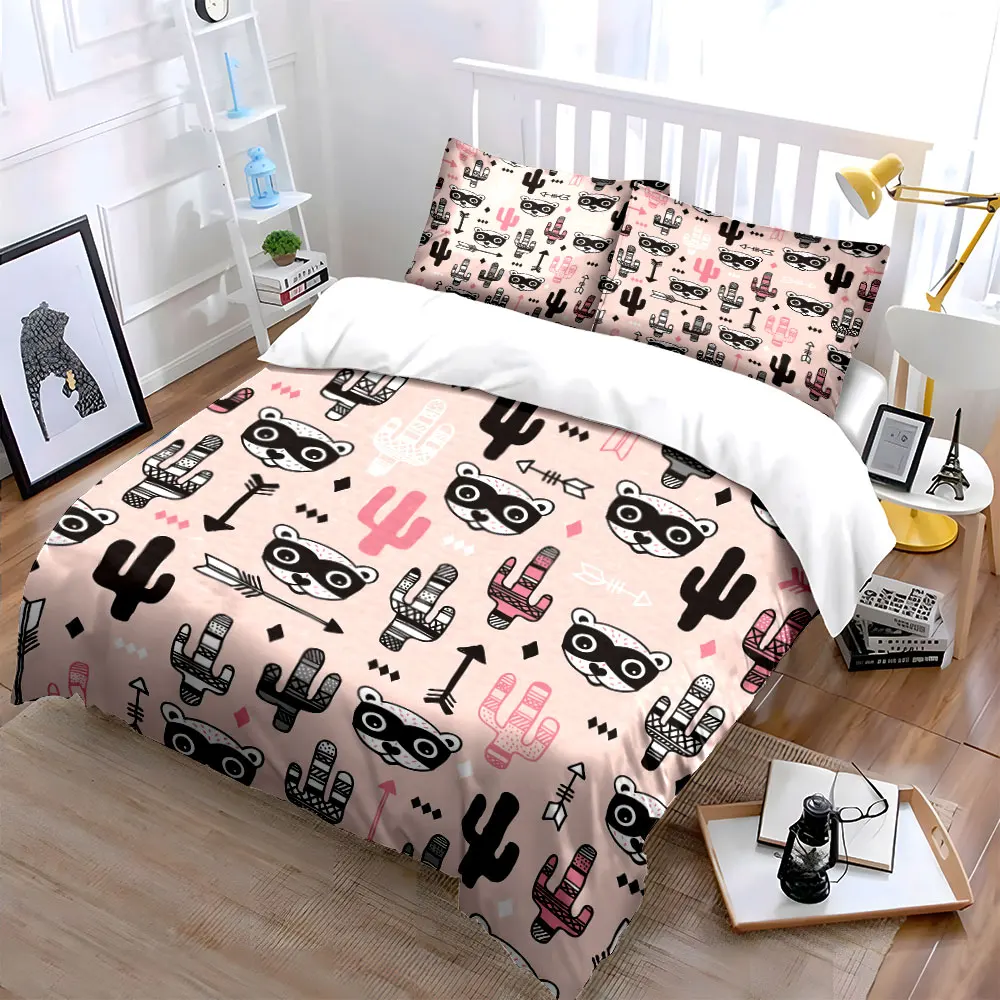 Cartoon Animals and Cactus Patterns Duvet Cover Set with 3D Printing Design Soft Polyester Bedding Set All-Season Comfort