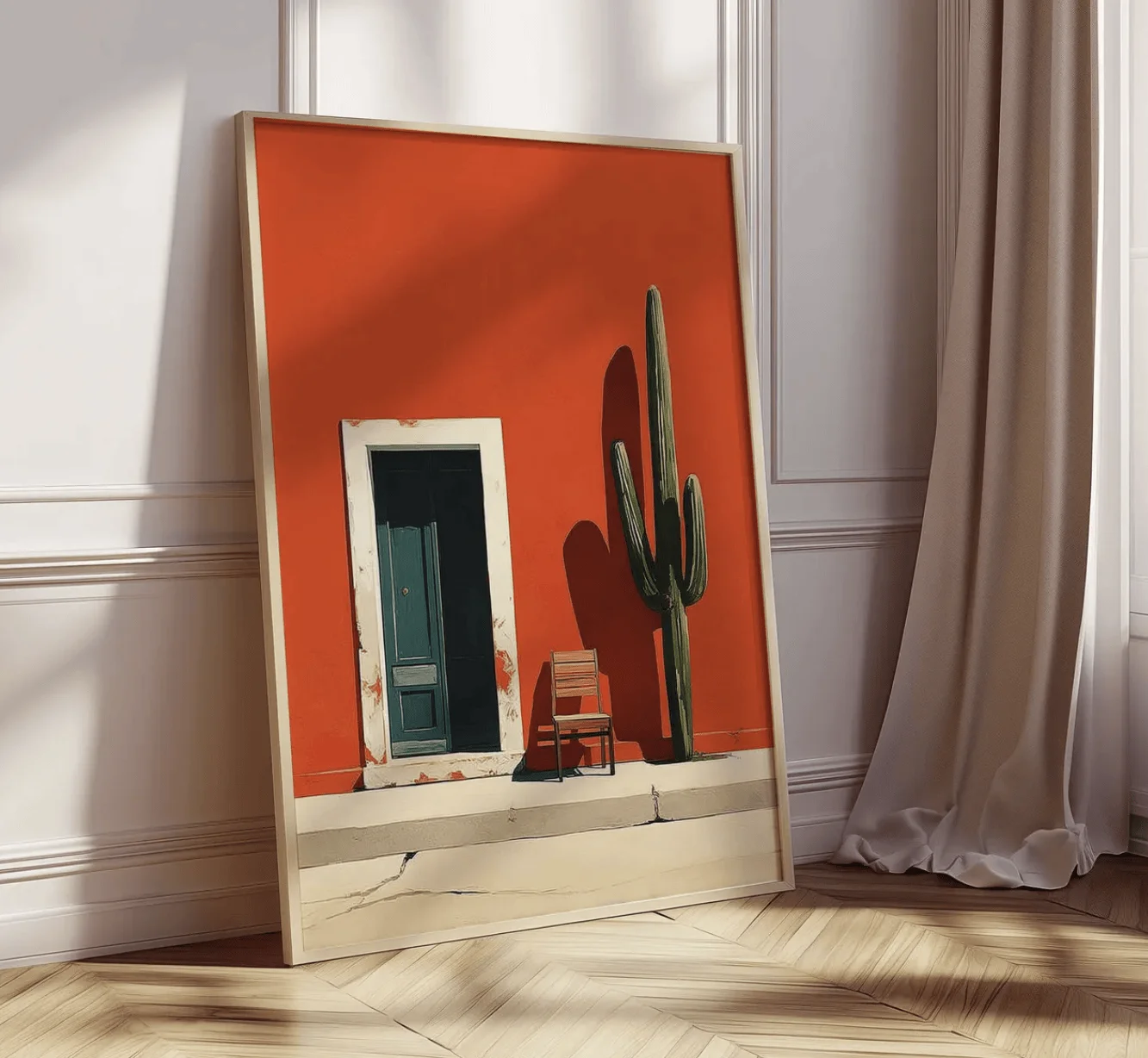 Southwest Red Wall Cactus Canvas Wall Art Print, Minimal Mexican Street Poster Decor for Bedroom Living Room Farmhouse