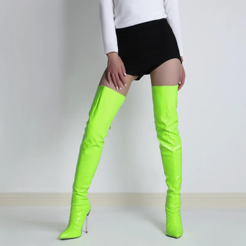 

Woman High Heel Boots Nightclub Fashion Pointy Toe Over-the-Knee Long Boots 11CM Metal Thin Heel Rear Zip Patent Leather Shoes