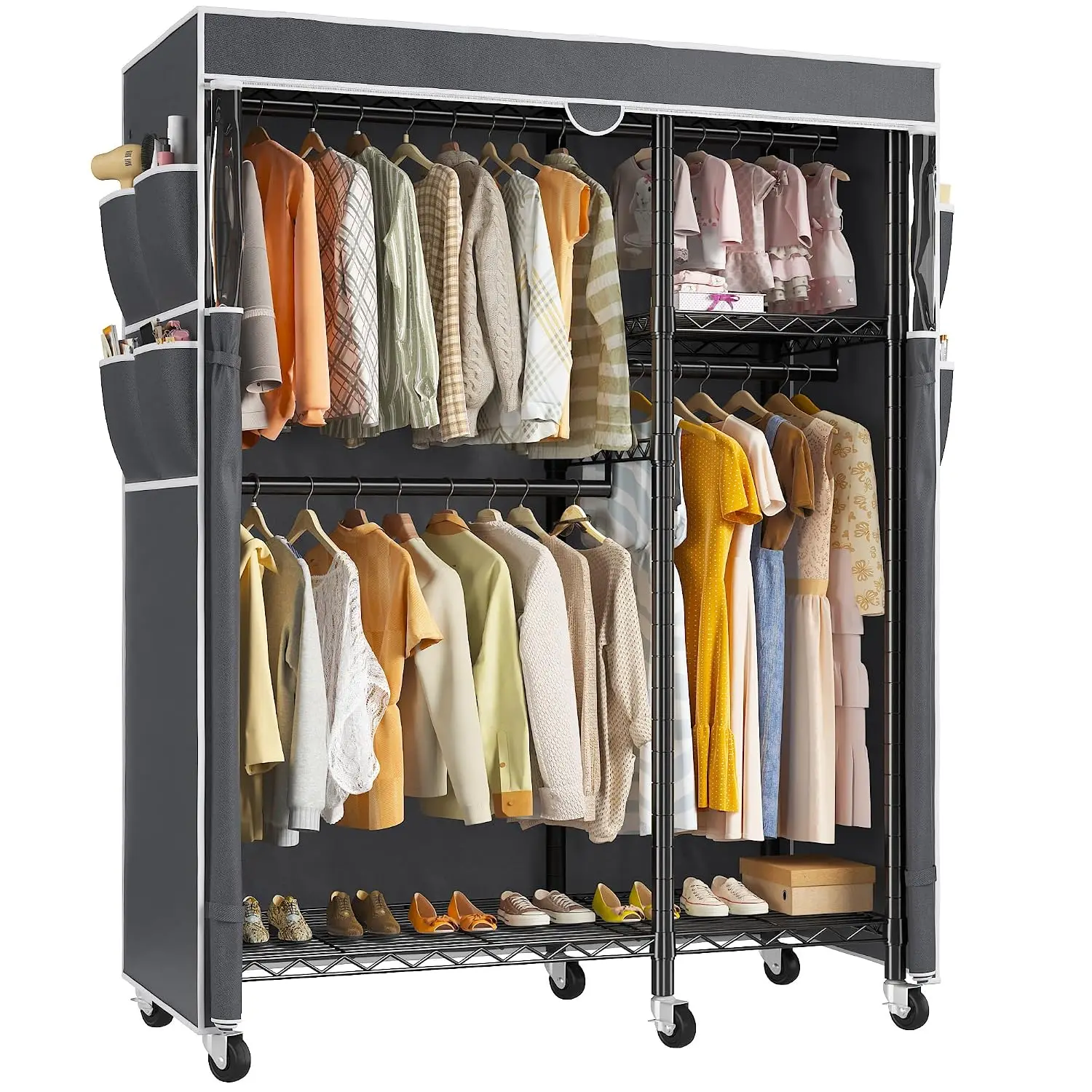 Raybee Clothes Rack with Cover Rolling Portable Closet 4 Hanging Zones, Customized