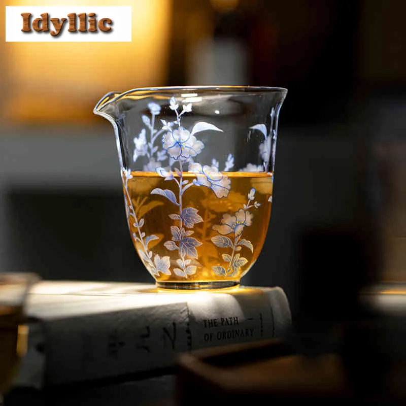 

250ml Blue And White Hollyhock Glass Tea Pitcher Tea Divider Cha Hai Dispenser Justice Cup Fair Mug Teaware Gift Accessories