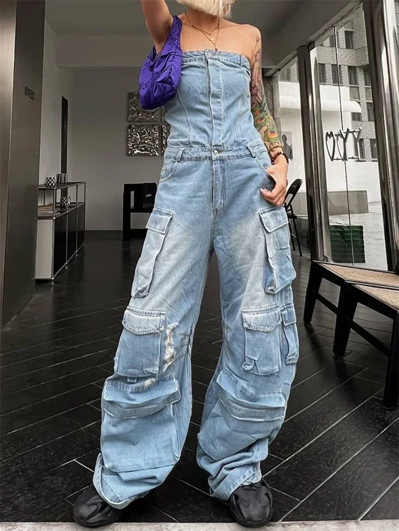 Streetwear Denim Ripped Jumpsuit Summer Clothes Women 2025 Multi Pockets Jean Denim Rompers Playsuits One Pieces Overalls Outfit