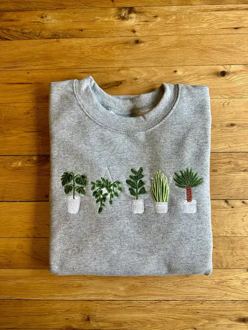 

Plant Lover Sweatshirt with Embroidered Green Plants Retro Vintage Graphic Hoodies Y2K Casual Daily Wear Unisex Pullover