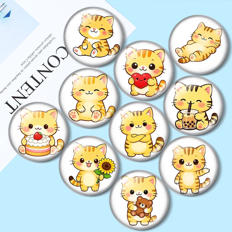 Kawaii Yellow Cat 12/18/20/25mm glass cabochon  bracelet pendant rings for jewelry demo earrings back Making findings