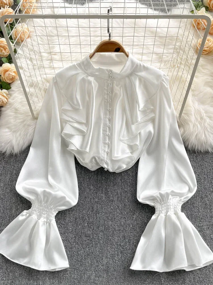 AltGoth Fairycore Elegant Satin Loose Shirt Long Flared Sleeves Ruffles O-Neck Beading Women Gentle Office Lady Casual Blouse