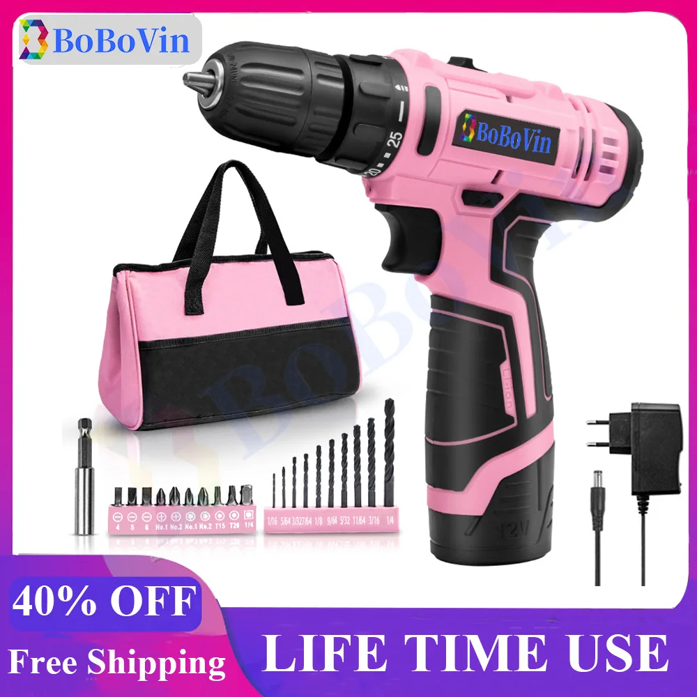 12V Cordless Drill Electric Screwdriver Rechargeable Wireless Power Driver DC Lithium-Ion Battery Household Pink