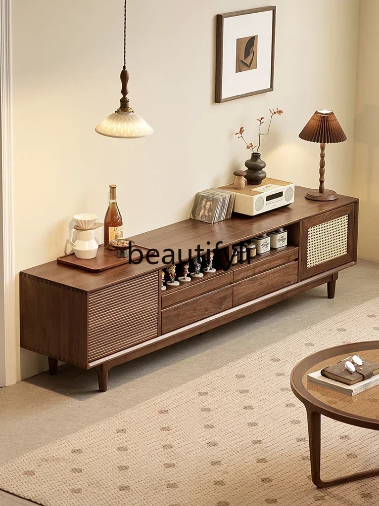 

LXNorth American black walnut TV cabinet Nordic simple solid wood rattan door TV cabinet householdSSS
