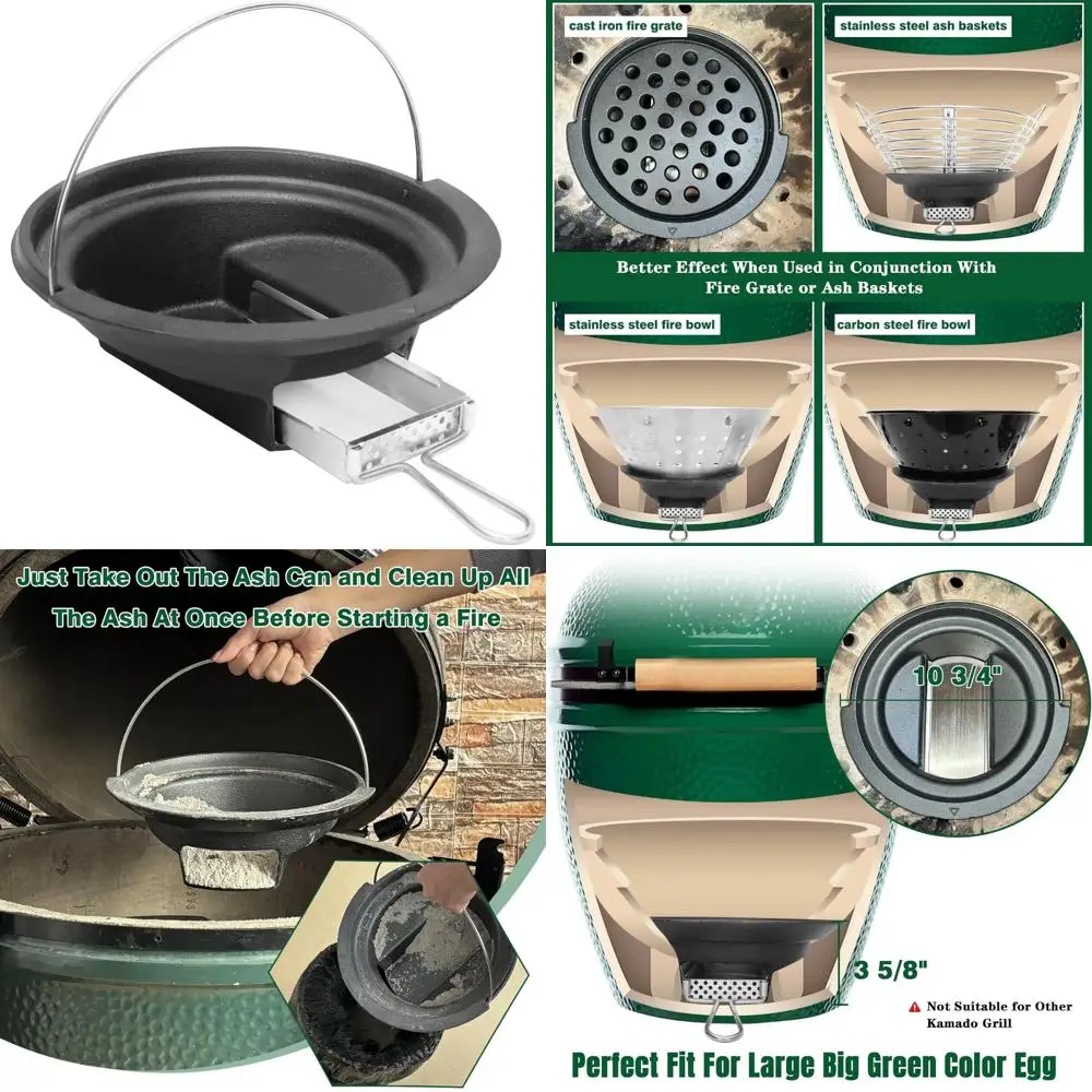 

KAMaster 2-in-1 Cast Iron Ash Container for Large Big Green Egg, Featuring Stainless Steel Slide-Out Ash Tray and Foldable Handl