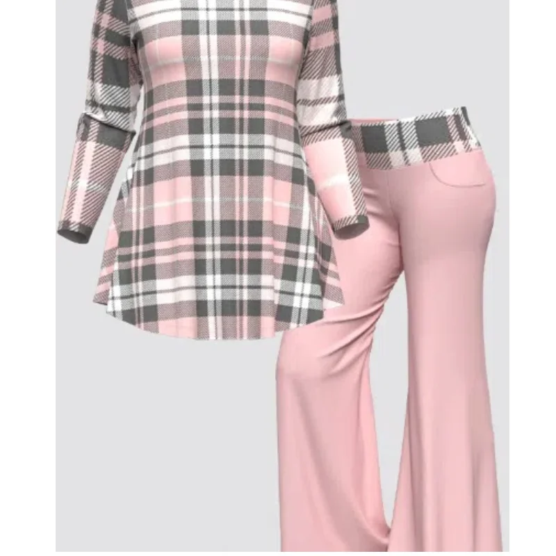 Women Plus Size Outfits Fashion Plaid Matching Set Flare Pant and Round Neck T Shirt Two Piece Sets Spring Casual Soft Sporty