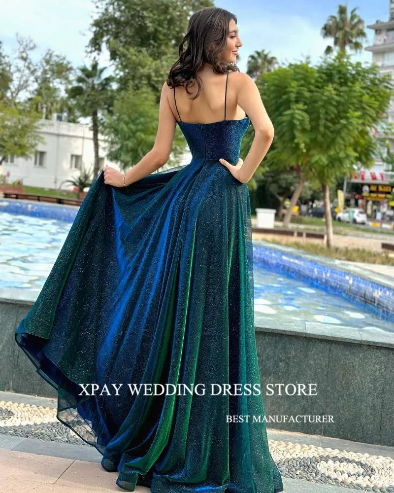 XPAY Shiny Glitter Dark Green Evening Dresses Spaghetti Straps Dubai Arabic Women lace Up Back Prom Gowns Plus Size Formal Party