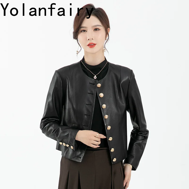 YOLANFAIRY Sheepskin Genuine Leather Round Neck Vintage Jacket Autumn Women Clothing Short Xiaoxiangfeng Outerwear Chaquetas