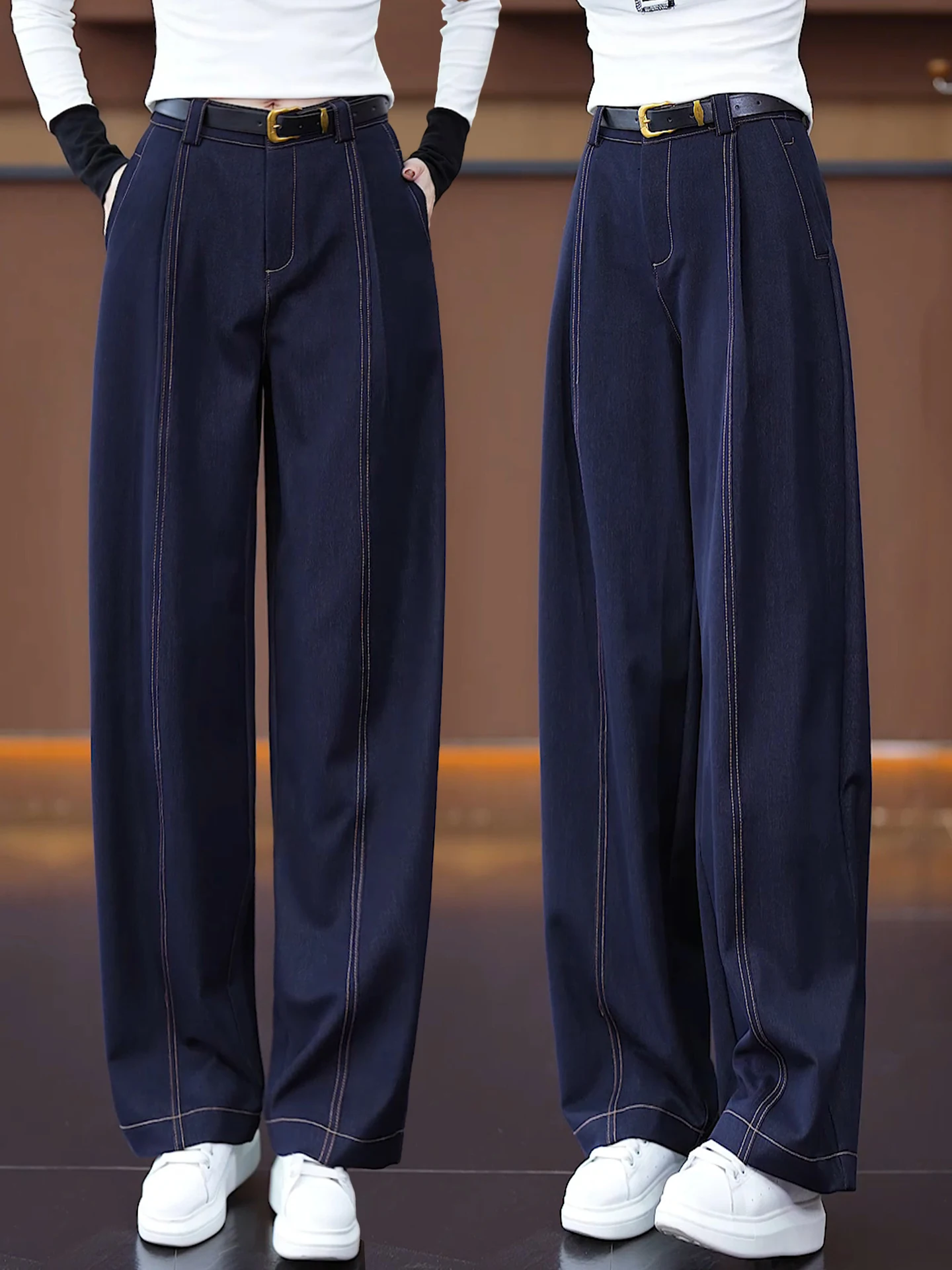 

Брюки с высокой талией и широкими штанинами, женские, повседневный стиль, из джинсовой ткани, весна-осень, новый стиль, свободные брюки-бананы, с эффектом похудения