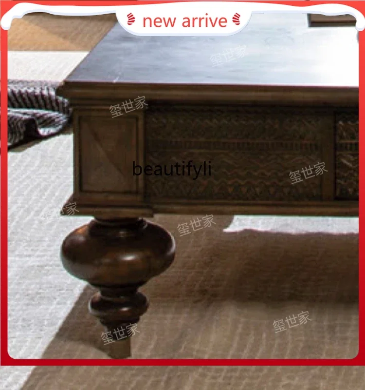

American Retro Solid Wood Carved Tea Table Antique Coffee Table Retro Roman Column Tea Table G1218