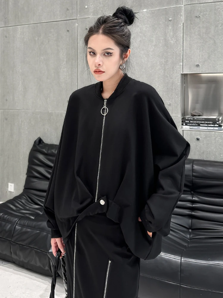 [EAM] Black Irregular Hem Big Size Jacket New Stand Collar Long Sleeve Women Coat Fashion Tide Spring Autumn 2024 1DH1050