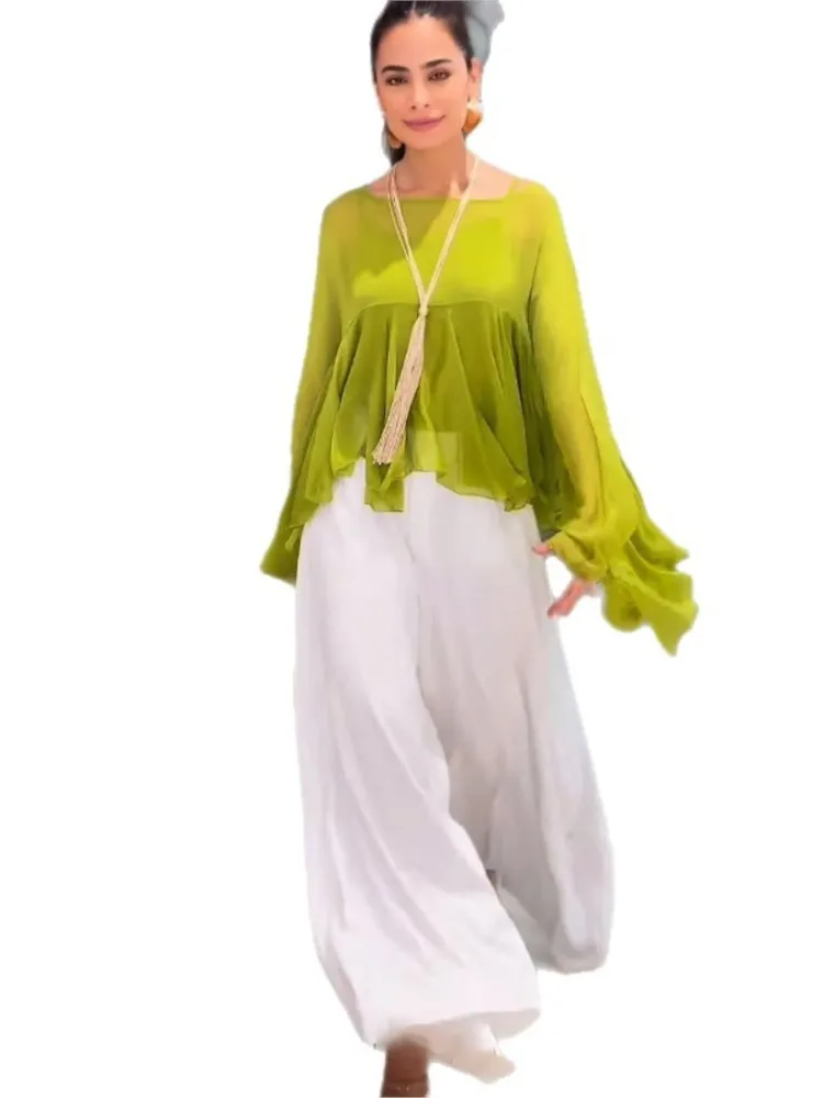 جديد الخريف غير النظامية بشق شال + السراويل قطعتين مجموعة المرأة موضة الصلبة فضفاضة طويلة الأكمام بلوزات واسعة الساق السراويل 2 قطعة مجموعة