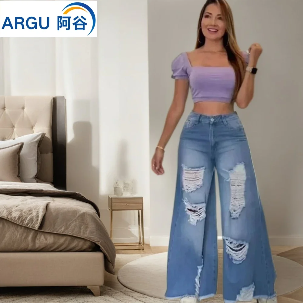 Knee Broken Holes Trend Straight Jeans women Fashion Comfortable Casual High Waist Denim Pants Female Loose Wide Leg Trousers