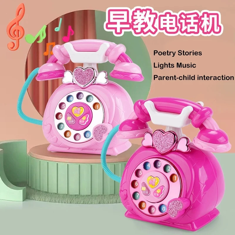 Kids Early Education Simulation Phone Toy With Music And Lights Pink Princess Landline Storytelling Puzzle Toys Gift For Girls