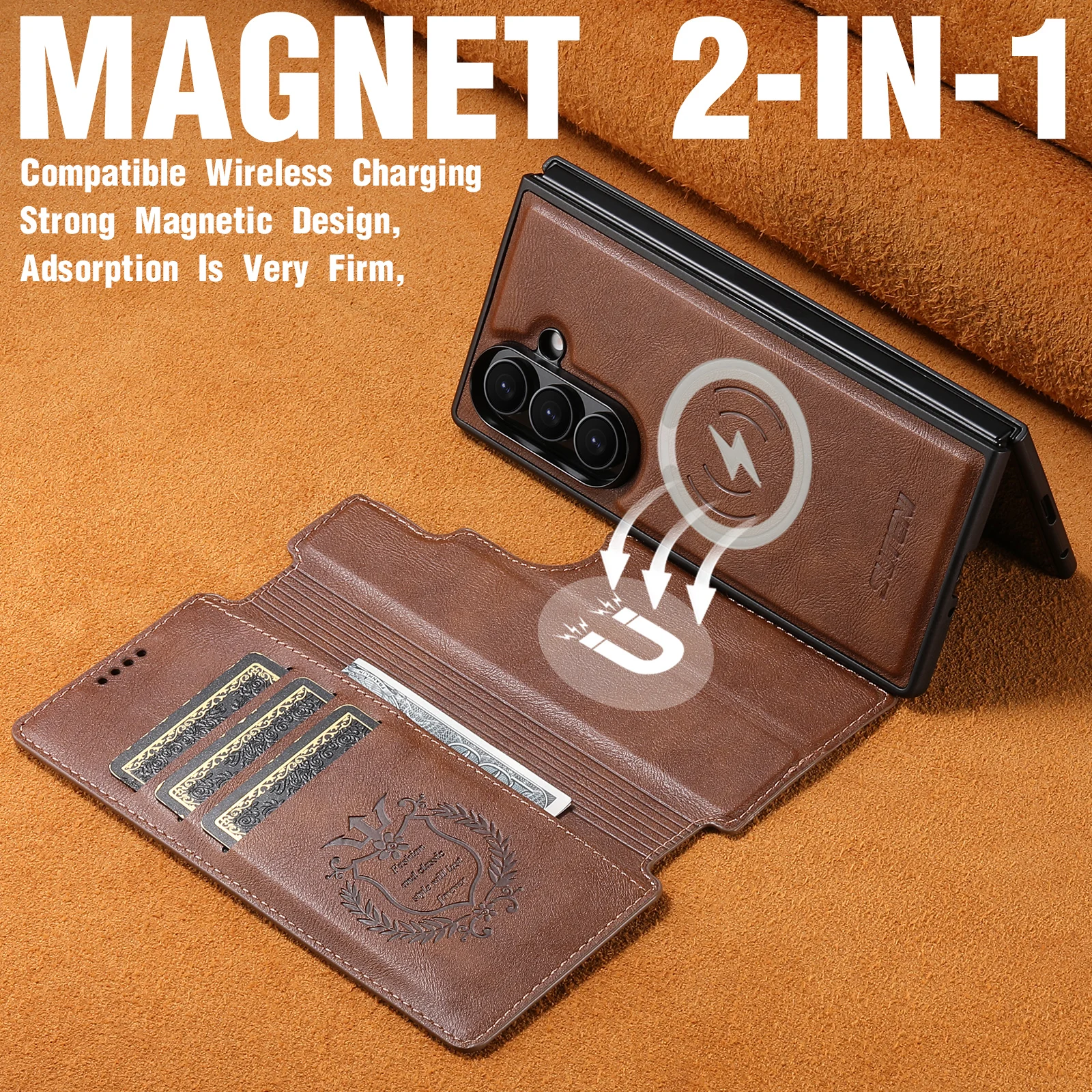 For Samsung Galaxy Z Fold 7 6 Case Luxury Leather Magnetic Wireless Charging Card Holder Stand Wallet Shockproof Hard Back Cover