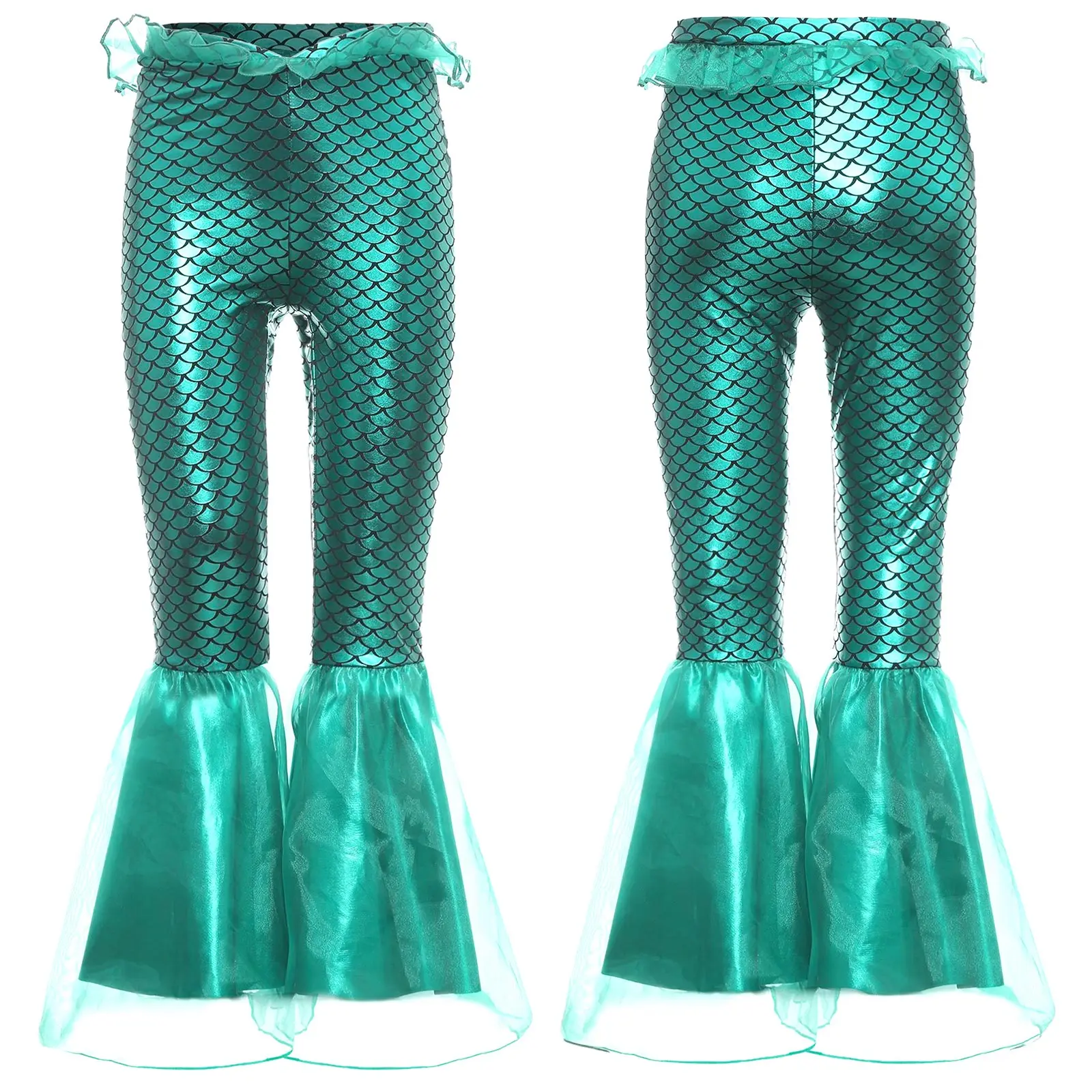 

Kids Girls Halloween Mermaid Princess Sea Queen Cosplay Costume Shiny Fish Scales Print Ruffle Mesh Flared Pants for Theme Party