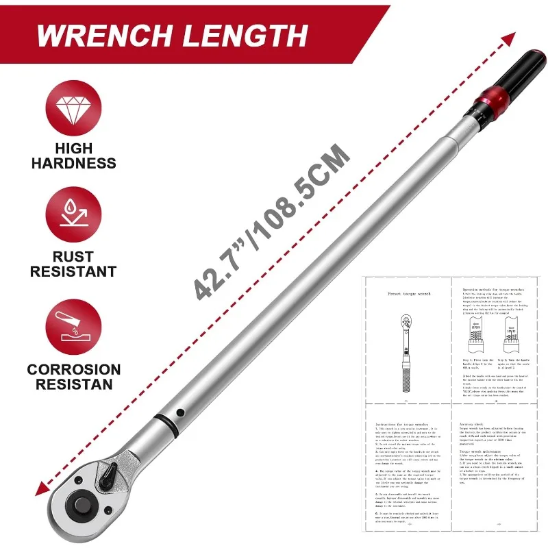 3/4 Torque Wrench, 100-600ft.lb/135.5-815Nm Dual-Direction Adjustable High Accuracy Torque Wrench 3/4 Drive, ±3% Click