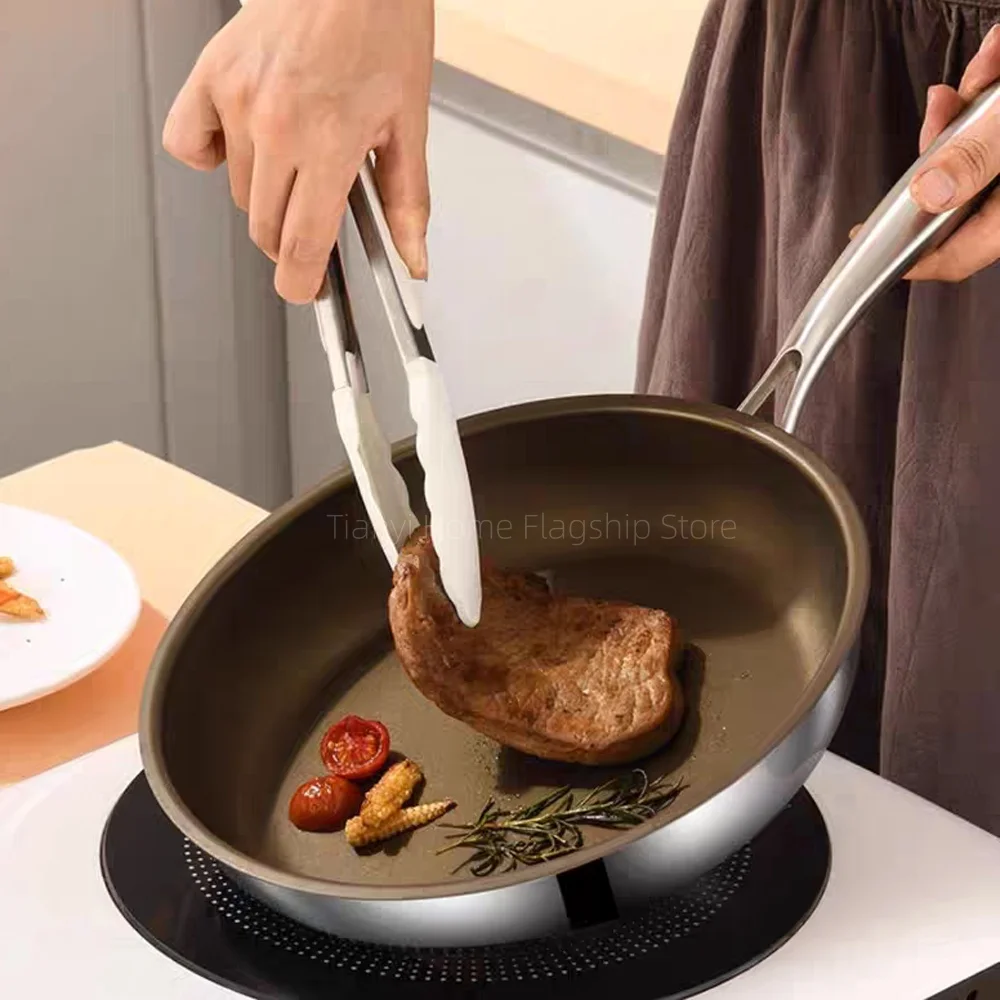 مقلاة من التيتانيوم غير لاصقة من الفولاذ المقاوم للصدأ مقلاة شريحة لحم البيض المنزلية طباخ التعريفي موقد غاز وعاء الطبخ تجهيزات المطابخ المطبخ #4
