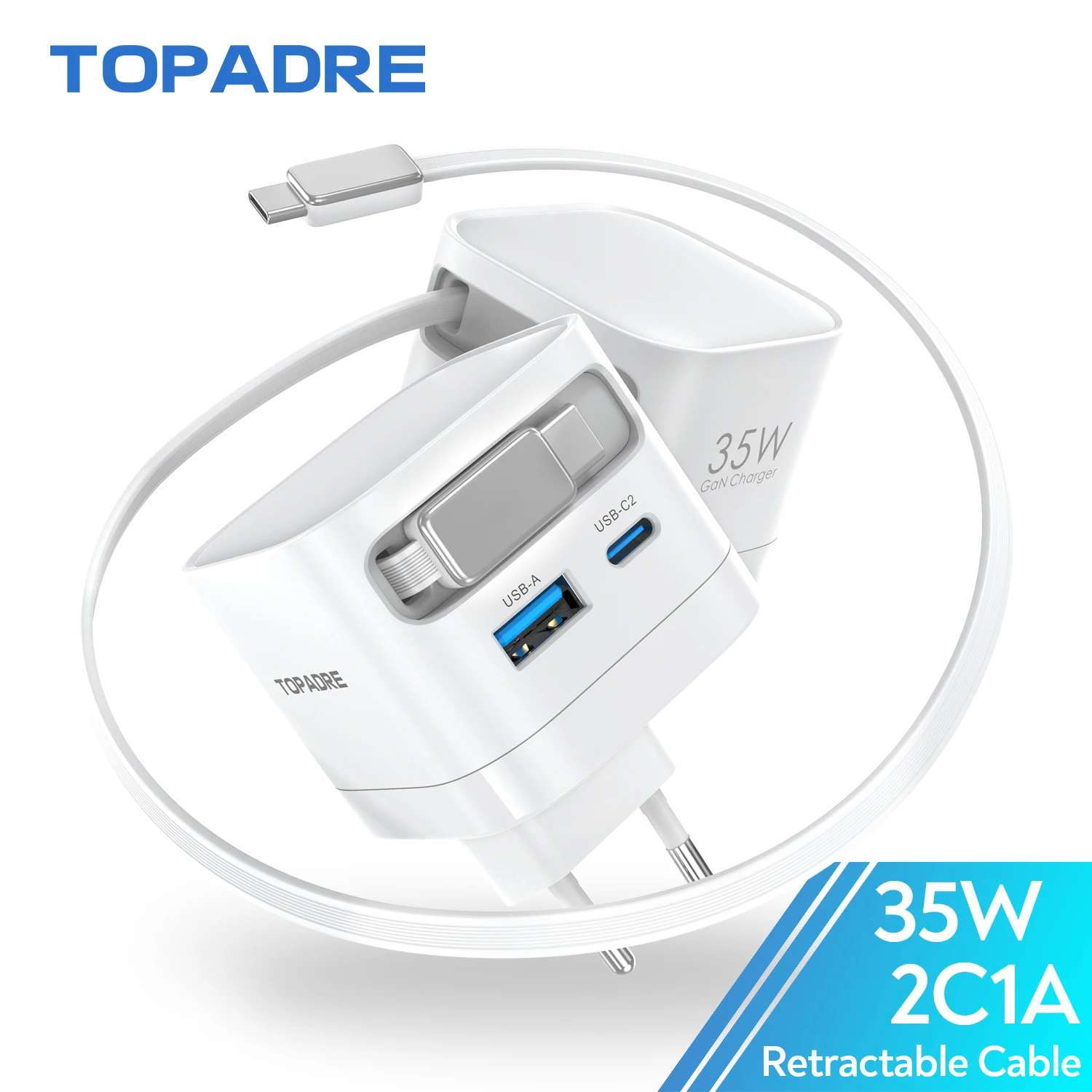 Быстрое зарядное устройство GaN мощностью 35 Вт с выдвижным кабелем, складной вилкой, блок быстрой зарядки, для телефонов iPhone, Samsung, iPad, Android