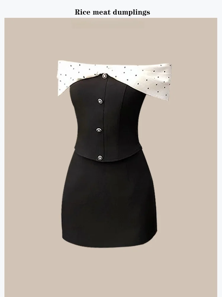 

Summer Unique Matching Set Pure Desire One Shoulder Splice Polka Dot Color Collision Top Half Skirt Women's Fashion Ensemble