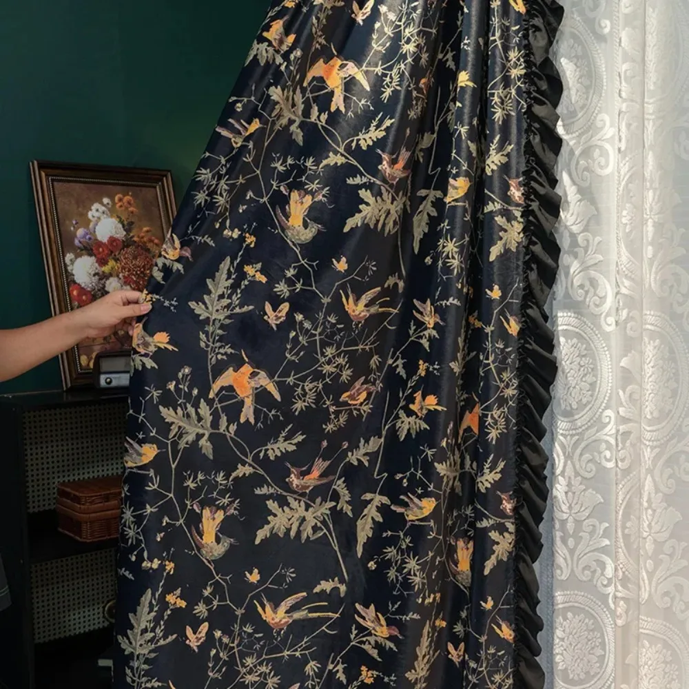 American Ruffle Flocked White Screen Window Screen Black Jacquard Curtains For Living Room Bedroom Floor-to-ceiling Window