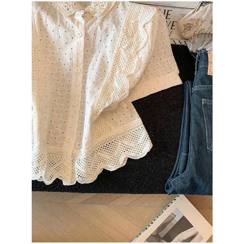 French Elegant Lace Hollow Shirt Women Ruffle Short Sleeve Lapel Blouse Summer Slim Chic Top view 5