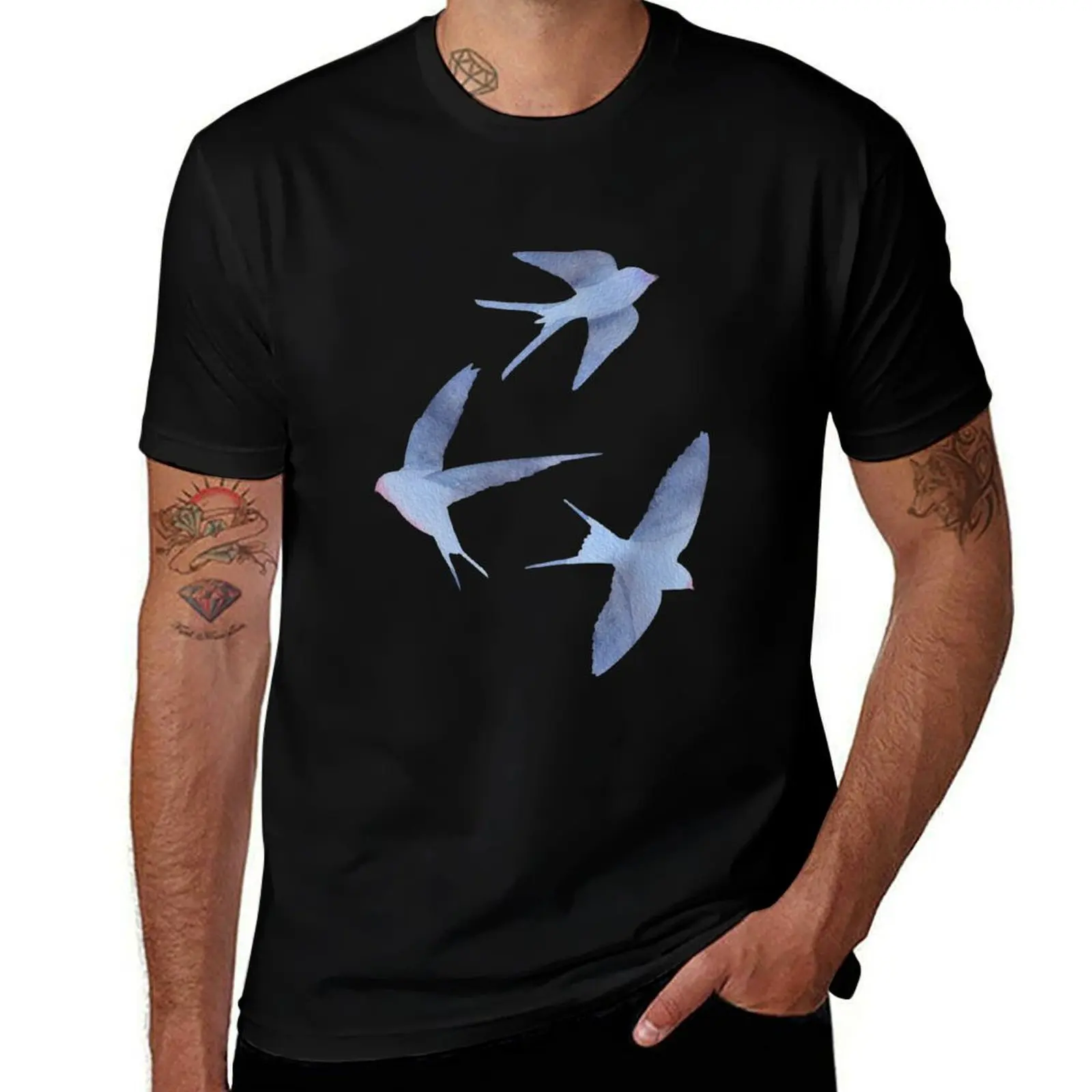 Watercolour Swallows/ Birds in Flight T-Shirt Vintage Print Crew Neck Tee T-Shirt
