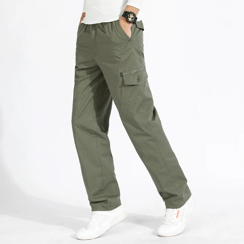 

Men's Oversized Cargo Pants Plus Size Zipper Pockets Military Pants Drawstring Cotton Loose Fit Fishing Trousers for Men