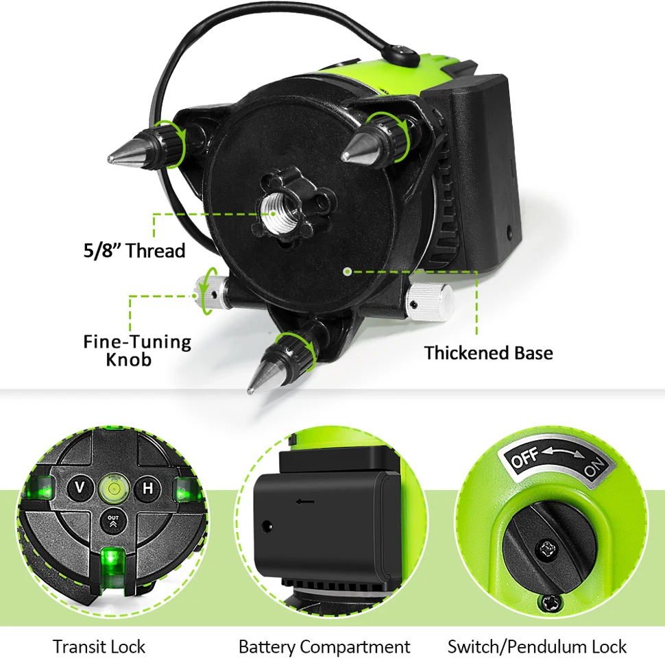 Clubiona 5 Lines Laser Level With  Plastic Box or Cloth Bag Rechargeable Lithium Battery Horizontal & Vertlcal Green Beam Laser