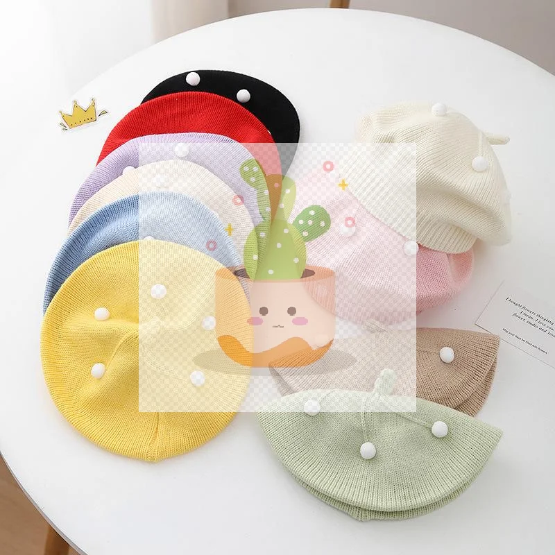 1個入り 可愛いストラップ付きクマさん柄 暖かいビーニーキャップ 無地ニットベビーベレー帽 子供 女の子 秋冬 アーティスト ペインターハット