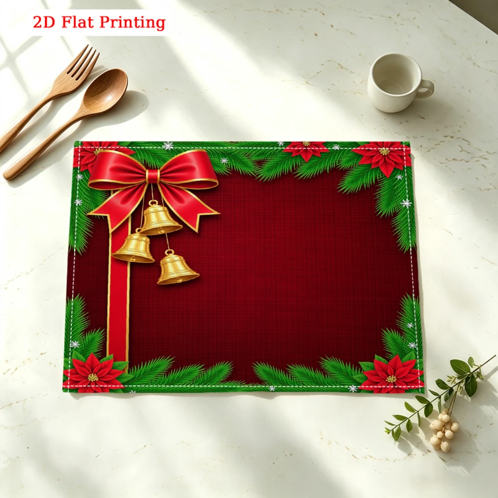 Christmas Bell Bow Holly Pattern Kitchen Placemat Coaster Linen Pad Dish Coffee Cup Table Mat 30x40cm Home Decor