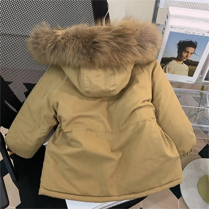 Girls Hooded Cotton Coat 2024 Winter New style Plus Velvet Thickening Windbreaker Down Jacket Baby Big fur Collar Warm Coat