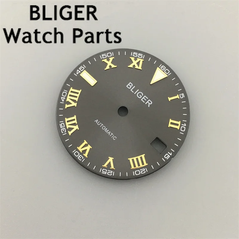 Bliger สาย NH35สะท้อนแสงสีดำขนาด29มม., หน้าปัดทองคำสีกุหลาบหน้าปัดสีเงิน