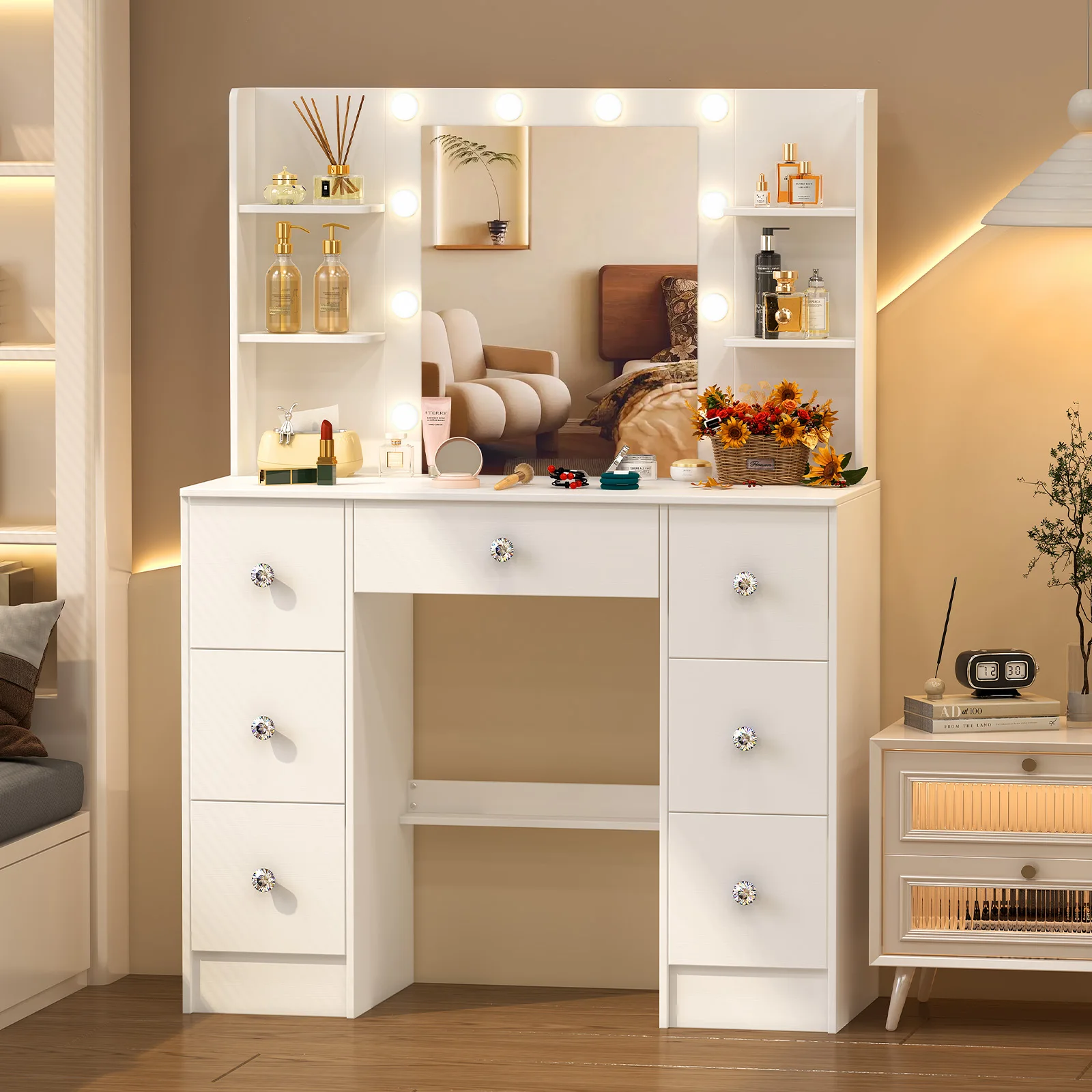 طاولة زينة خشبية معاصرة مع مرآة مضيئة - 3 أوضاع قابلة للتعتيم وأدراج وتخزين