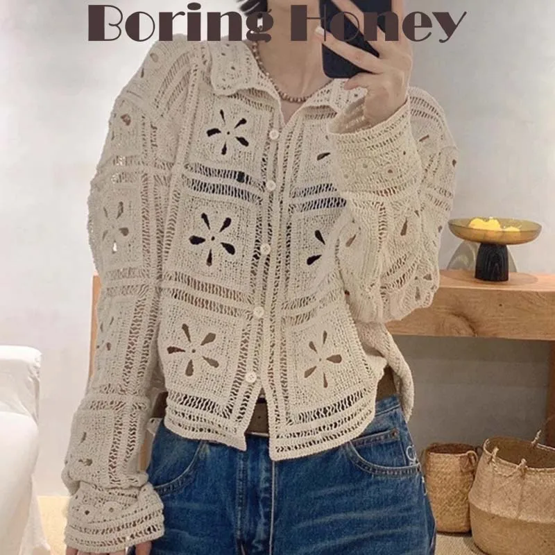 

Boring Honey Ретро вязаный крючком ажурный кардиган ранняя осень новый высококачественный универсальный топ с лацканами однобортный кардиган Coa