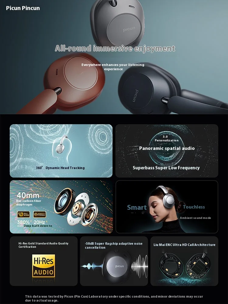 Picun F6 Wireless Headphone With 6Mics 40mm Bio Carbon Fiber Diaphragm Bluetooth 6.0 Hi-Res Spatial Sound Custom Gaming Headset