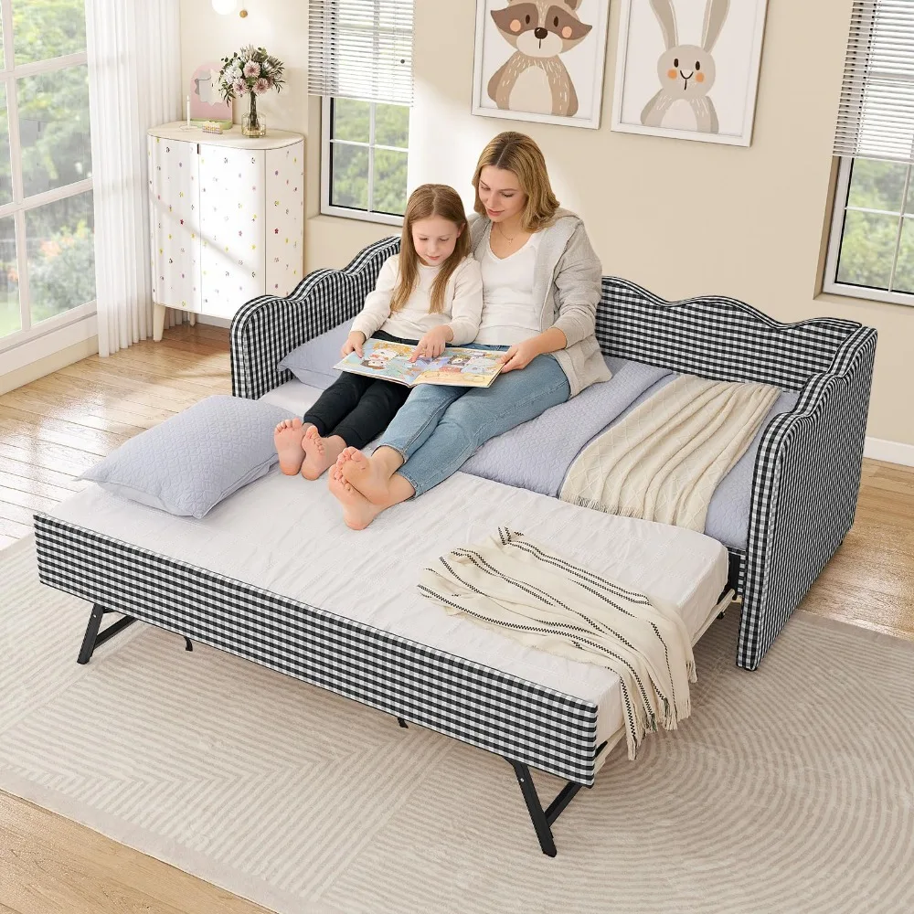 Twin Size Daybed with Pop Up Trundle, Linen Gingham Twin to King Daybed with USB Ports, Upholstered Day Bed Frame