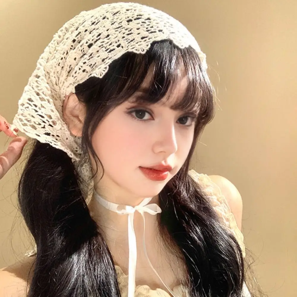 Sweet Sheer Mesh Floral Lace Scarf Hollow Design Versatile Strap Crochet Headscarf Solid Color Knitted Scarf Beach Outfits