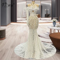 Elegant Dubai Mermaid Formal Evening Dresses Beads 3D Appliques Lace Runway Party Gowns Pearls Prom Dress 2023 Robe De Soiree