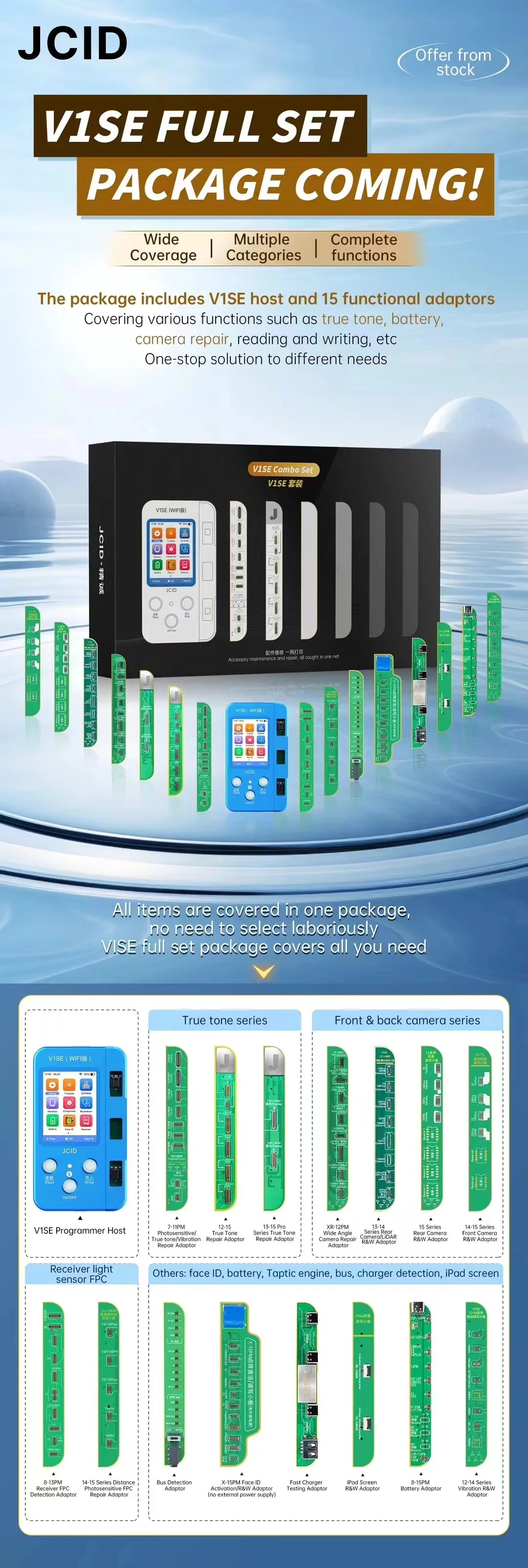 The latest version jcid V1se complet with 15 pcs adaptors For iphone7 to 15pro True Tone and other funtion repair