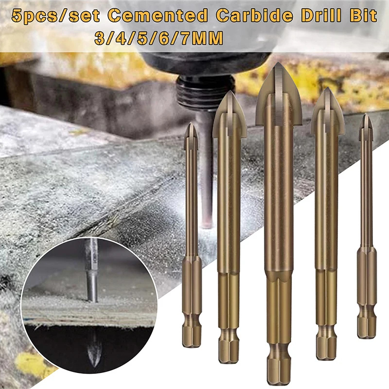 5Pcs Carbide Drill Bits Set 3-7mm Hex Shank Cross Spear Head Hole Opener for Ceramic Tile Glass Wood Concrete Drilling
