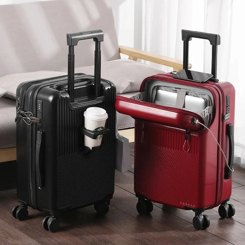 New 20"22"24 InchTravel Suitcase with Cup Holder Front Opening Trolley Case with Wheels Business Boarding Box Rolling Luggage