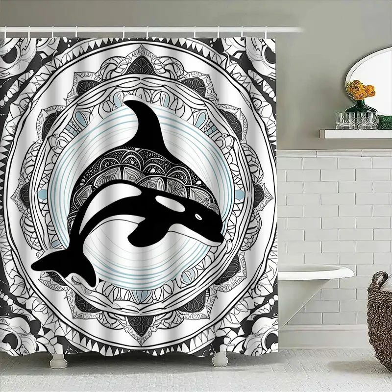 ستارة دش مزخرفة تتميز باللون الأسود والأبيض Orca Whale Artwork مثالية لديكور الحمام الحديث مقاس 72 × 84 بوصة (1-5 أعمال